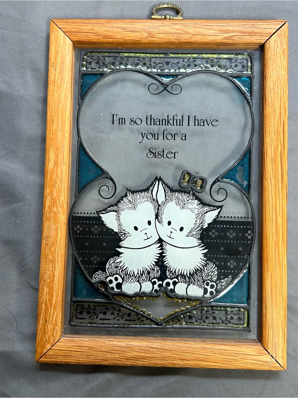 Suncatcher Stained Glass Cats Heart Oak Frame Sisters Gifts 7"x10"